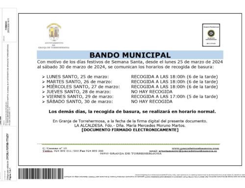 BANDO MUNICIPAL. RECOGIDA DE BASURA EN SEMANA SANTA