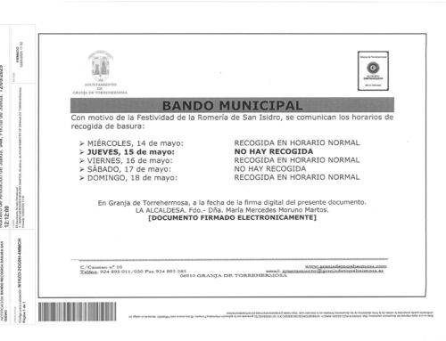 BANDO MUNICIPAL. HORARIOS RECOGIDA BASURA